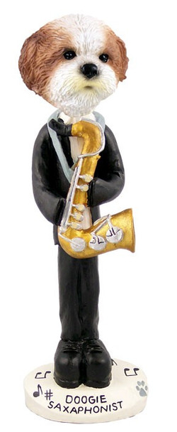 Tan Shih Tzu with Sport Cut Saxophonist Doogie Collectible Dog Figurine