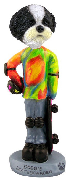 Black & White Shih Tzu with Sport Cut Skateboarder Doogie Collectible Dog Figurine