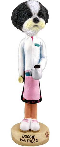 Black & White Shih Tzu with Sport Cut Waitress Doogie Collectible Dog Figurine