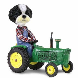 Black & White Shih Tzu with Sport Cut Tractor Doogie Collectible Dog Figurine
