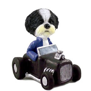 Black & White Shih Tzu with Sport Cut Hot Rod Doogie Collectible Dog Figurine
