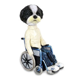 Black & White Shih Tzu with Sport Cut Wheelchair Doogie Collectible Dog Figurine