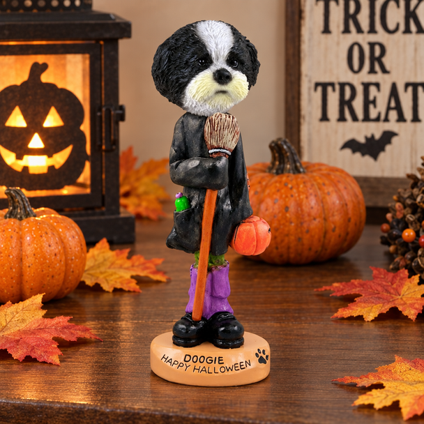 Black & White Shih Tzu with Sport Cut Happy Halloween Doogie Collectible Dog Figurine