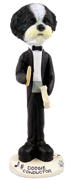Black & White Shih Tzu with Sport Cut Conductor Doogie Collectible Dog Figurine