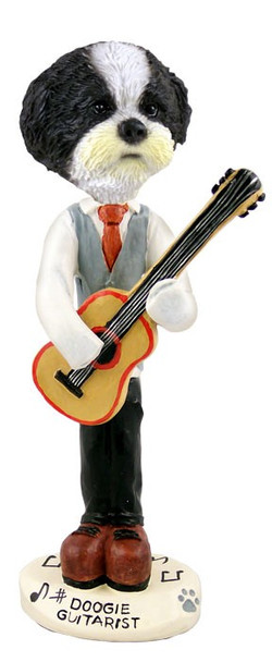 Black & White Shih Tzu with Sport Cut Guitarist Doogie Collectible Dog Figurine