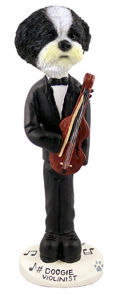 Black & White Shih Tzu with Sport Cut Violinist Doogie Collectible Dog Figurine