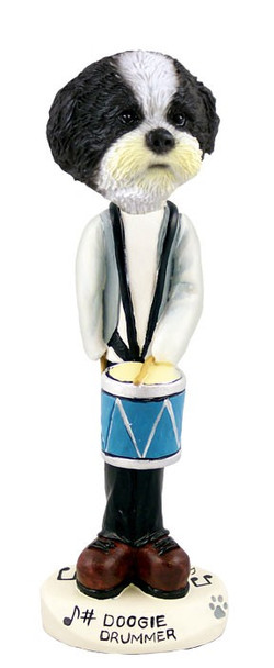 Black & White Shih Tzu with Sport Cut Drummer Doogie Collectible Dog Figurine