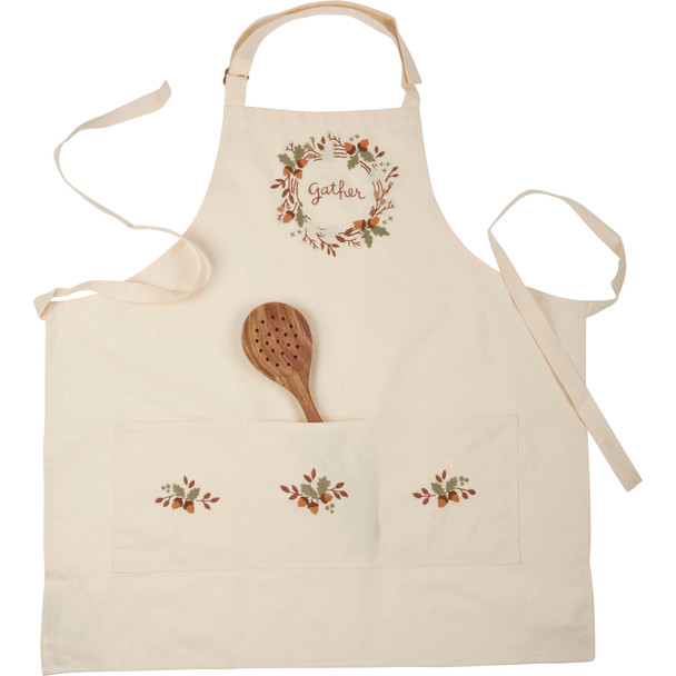 Gather Embroidered Fall Kitchen Apron - Cotton-Linen Blend from Primitives by Kathy