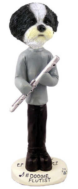 Black & White Shih Tzu with Sport Cut Flutist Doogie Collectible Dog Figurine