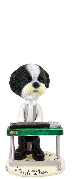 Black & White Shih Tzu with Sport Cut Steel Guitarist Doogie Collectible Dog Figurine