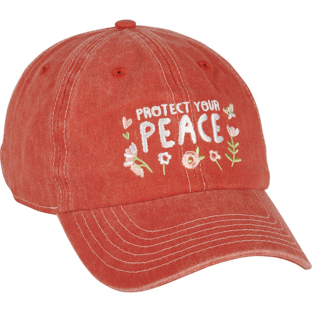 Protect Your Peace - Inspirational Orange Embroidered Baseball Cap with Floral and Heart Designs from Primitives by Kathy