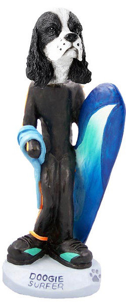 Black & White Cocker Spaniel Surfer Doogie Collectible Dog Figurine