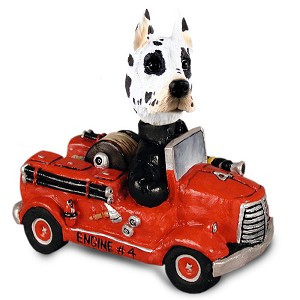 Harlequin Great Dane Fire Engine Doogie Collectible Dog Figurine