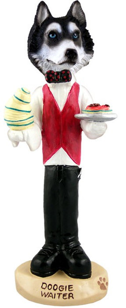 Black & White with Blue Eyes Husky Waiter Doogie Collectible Dog Figurine