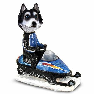 Black & White with Blue Eyes Husky Snowmobile Doogie Collectible Dog Figurine