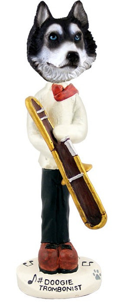 Black & White with Blue Eyes Husky Trombonist Doogie Collectible Dog Figurine