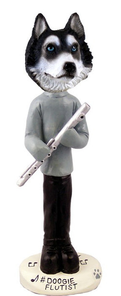 Black & White with Blue Eyes Husky Flutist Doogie Collectible Dog Figurine