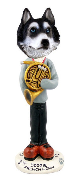 Black & White with Blue Eyes Husky French Horn Doogie Collectible Dog Figurine