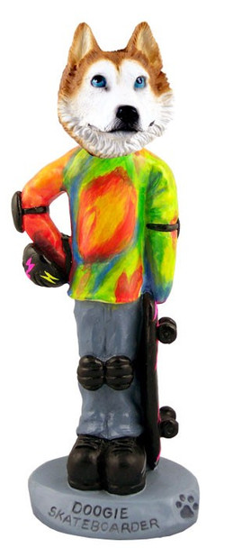 Red & White with Blue Eyes Husky Skateboarder Doogie Collectible Dog Figurine