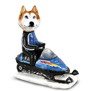 Red & White with Blue Eyes Husky Snowmobile Doogie Collectible Dog Figurine