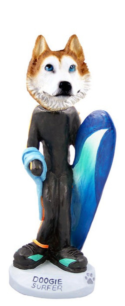 Red & White with Blue Eyes Husky Surfer Doogie Collectible Dog Figurine