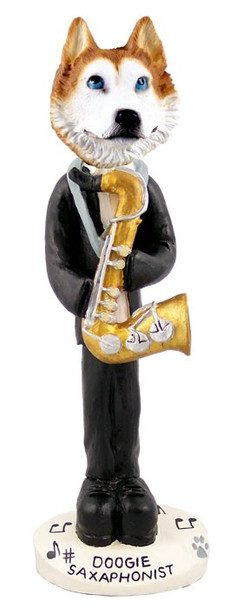 Red & White with Blue Eyes Husky Saxophonist Doogie Collectible Dog Figurine
