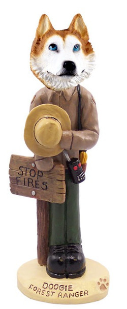 Red & White with Blue Eyes Husky Forest Ranger Doogie Collectible Dog Figurine