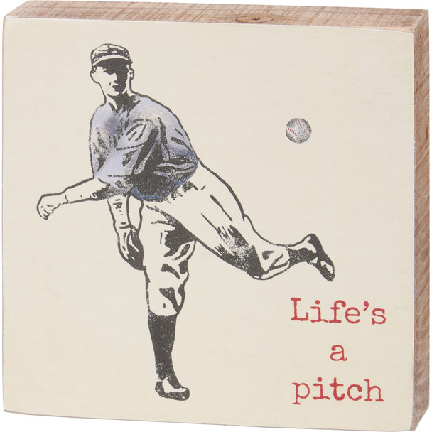 Decorative Wooden Block Sign - Life's A Pitch - Vintage Baseball Player Design 4x4 from Primitives by Kathy