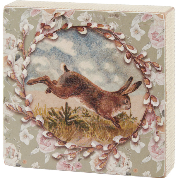 Decorative Wooden Block Sign Decor - Leaping Bunny Rabbit - Floral Pattern 4x4 from Primitives by Kathy