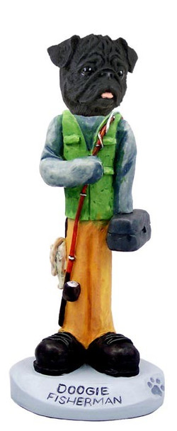 Black Pug Fisherman Doogie Collectible Dog Figurine