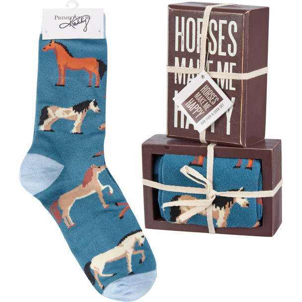 Horse Lover Decorative Wooden Box Sign & Socks Gift Set - Horses Make Me Happy from Primitives by Kathy