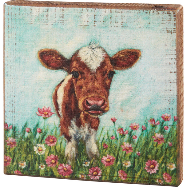 Dairy Cow Calf In Flower Field Decorative Wooden Block Sign 6x6 from Primitives by Kathy