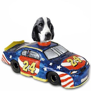 Black & White Springer Spaniel Race Car Doogie Collectible Dog Figurine