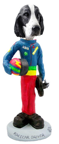 Black & White Springer Spaniel Racecar Driver Doogie Collectible Dog Figurine