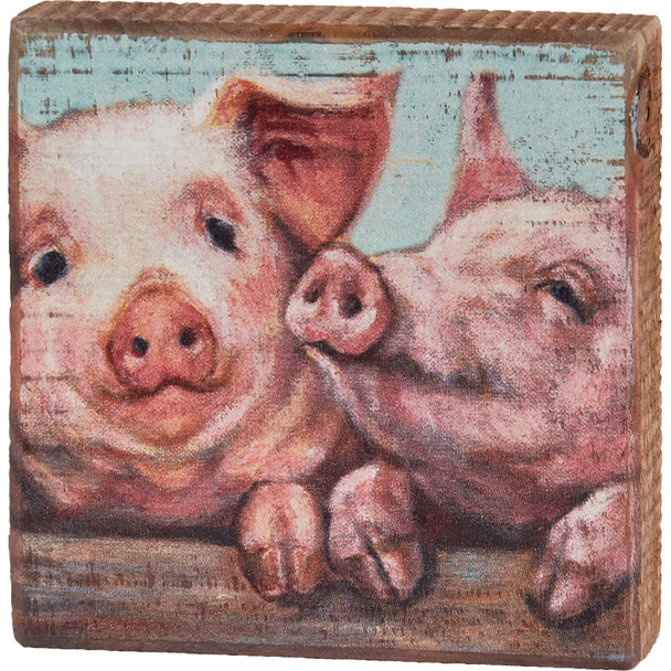 Farmhouse Pink Pigs Decorative Wooden Block Sign Decor 4x4 from Primitives by Kathy