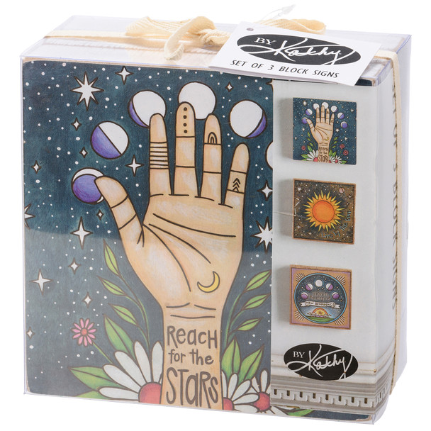 Set of 3 Celestial Themed Decorative Wooden Block Signs - Live By The Sun - Reach For The Stars from Primitives by Kathy