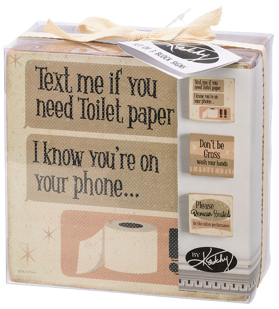 Set of 3 Decorative Wooden Block Signs - Vintage Design Humorous Bathroom Sayings from Primitives by Kathy