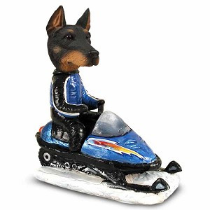 Black Doberman Pinscher Cropped Ears Snowmobile Doogie Collectible Dog Figurine