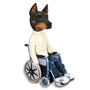 Black Doberman Pinscher Cropped Ears Wheelchair Doogie Collectible Dog Figurine