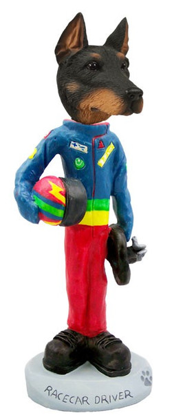 Black Doberman Pinscher Cropped Ears Racecar Driver Doogie Collectible Dog Figurine