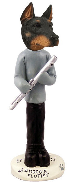 Black Doberman Pinscher Cropped Ears Flutist Doogie Collectible Dog Figurine