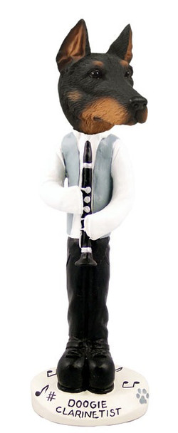 Black Doberman Pinscher Cropped Ears Clarinetist Doogie Collectible Dog Figurine