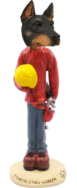 Black Doberman Pinscher Cropped Ears Construction Worker Doogie Collectible Dog Figurine