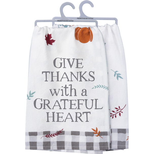 Autumn Themed Cotton Kitchen Dish Towel - Give Thanks With A Grateful Heart 28x28 from Primitives by Kathy