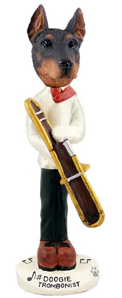 Red Doberman Pinscher Cropped Ears Trombonist Doogie Collectible Dog Figurine