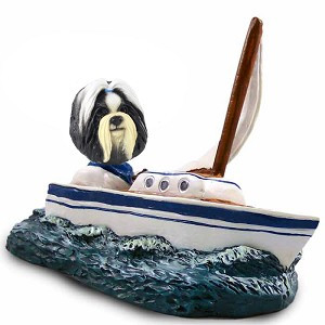 Black & White Shih Tzu Sailboat Doogie Collectible Dog Figurine