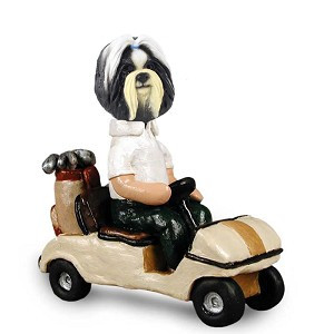 Black & White Shih Tzu Golf Cart Doogie Collectible Dog Figurine