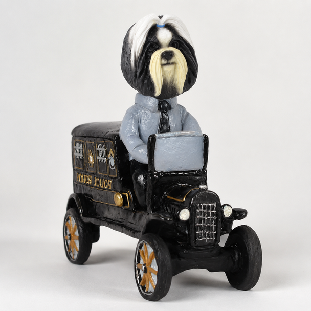 Black & White Shih Tzu Paddy Wagon Doogie Collectible Dog Figurine