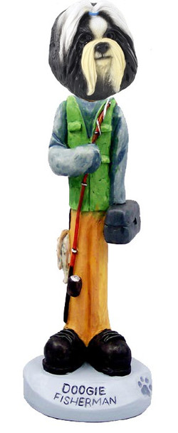 Black & White Shih Tzu Fisherman Doogie Collectible Dog Figurine