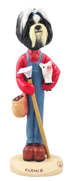 Black & White Shih Tzu Farmer Doogie Collectible Dog Figurine